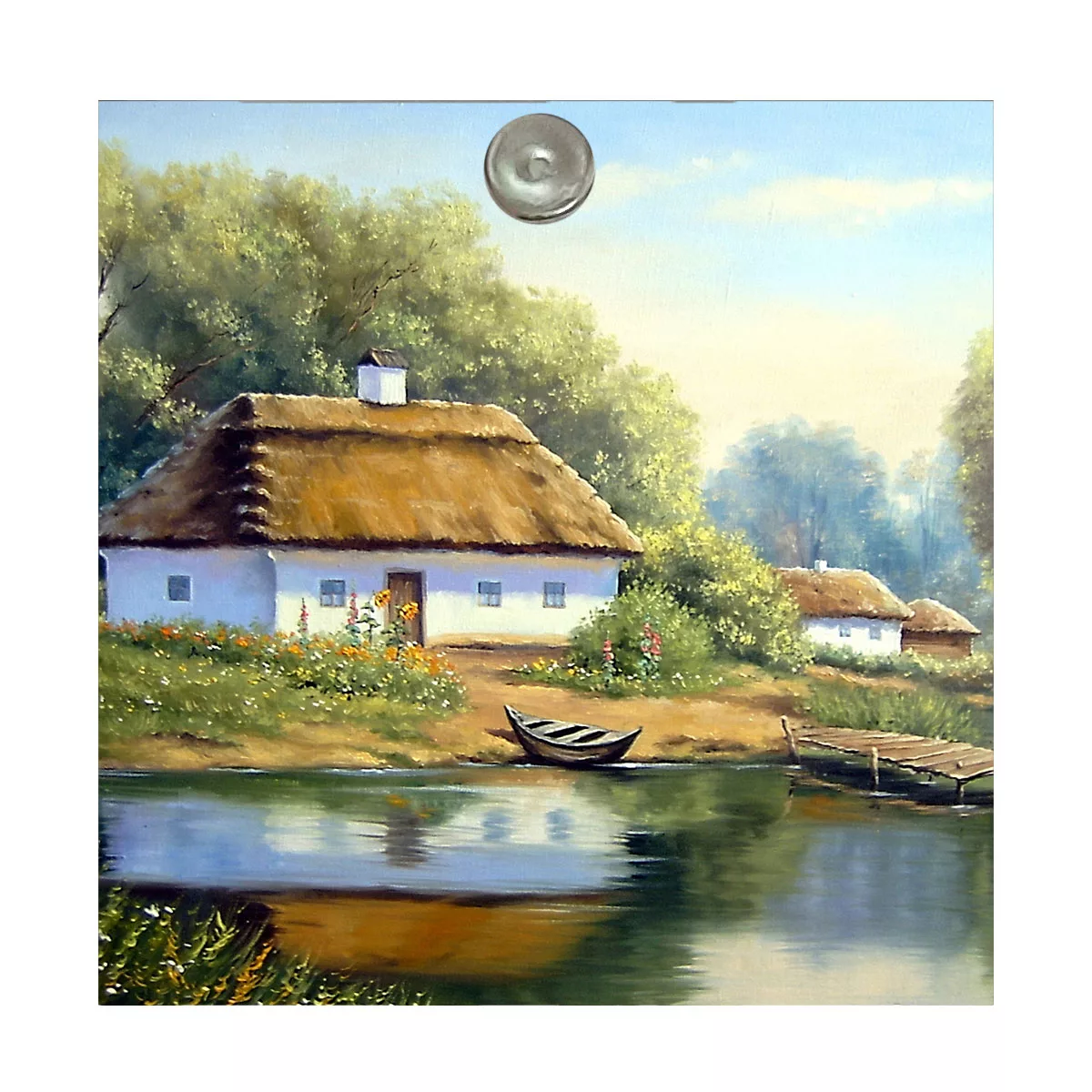 آینه جیبی طرح نقاشی برکه و جنگل و کلبه و قایق مدل A132