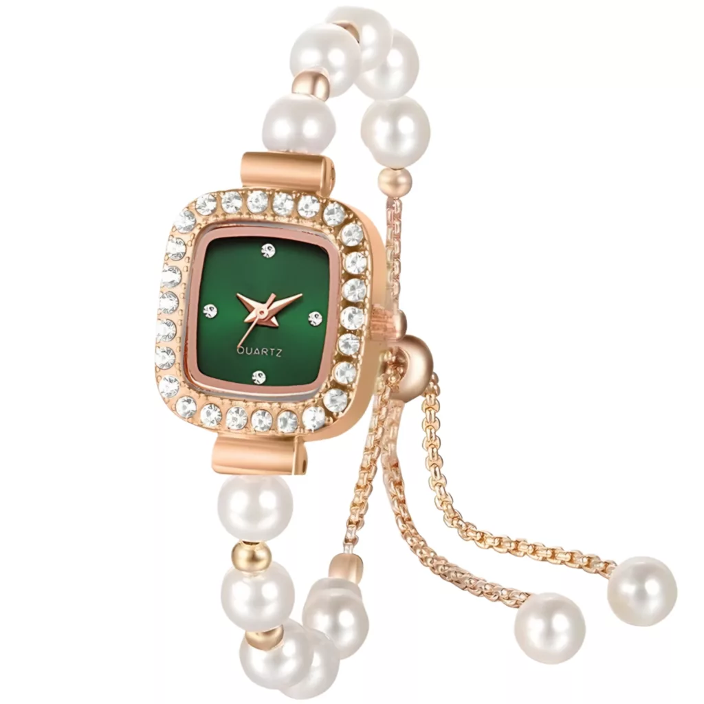 ساعت مچی عقربه‌ای کوارتز زنانه مدل مینیمال لوکس بند دستبندی مرواریدی قفل کرواتی کد ۷