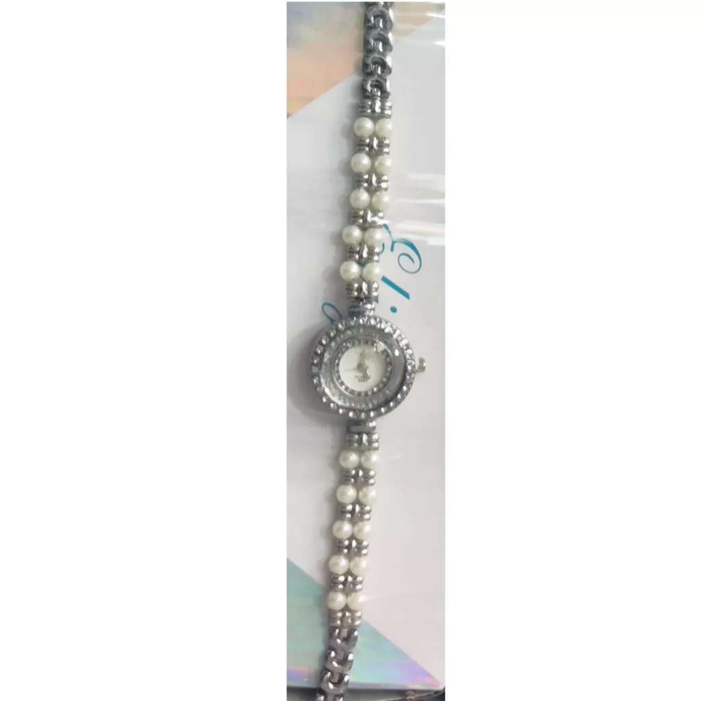 ساعت مچی عقربه‌ای کوارتز زنانه مدل لوکس بند دستبندی مرواریدی قاب دور شنی نگین دار کد ۱.۹