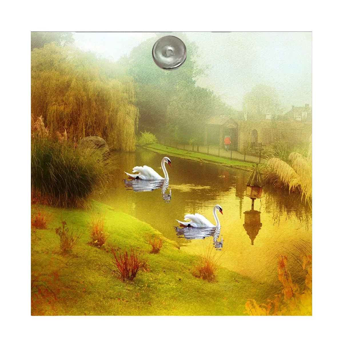 آینه آرایشی جیبی طرح نقاشی منظره برکه و قو مدل A183