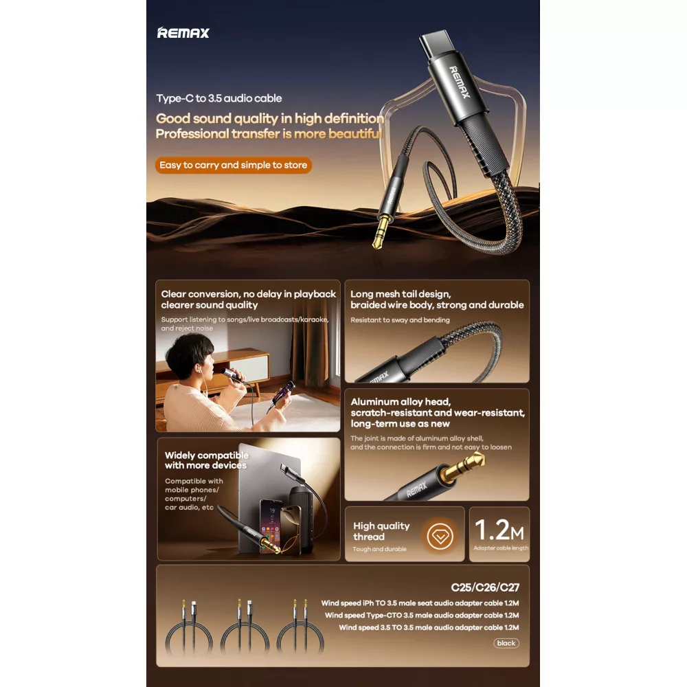 مبدل USB-C به AUX ریمکس مدل C26 طول ۱.۲ متر
