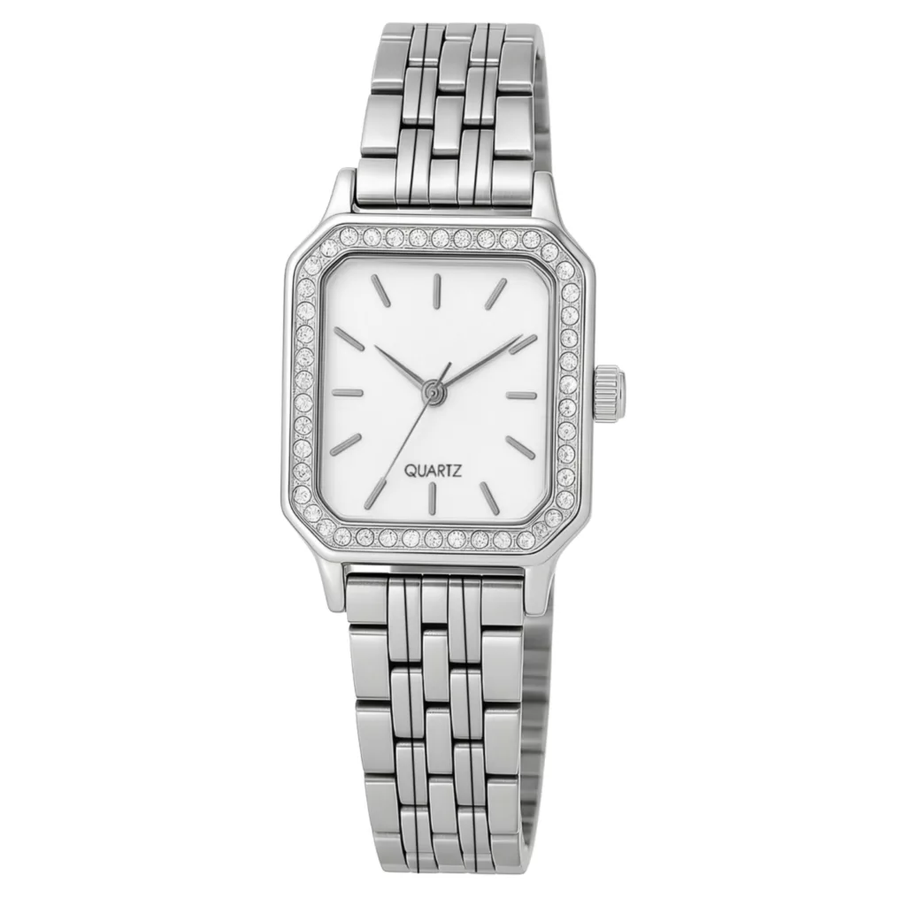 ساعت مچی عقربه‌ای کوارتز زنانه مدل لوکس کلاسیک بند طرح بافت قاب دور نگین کد ۲