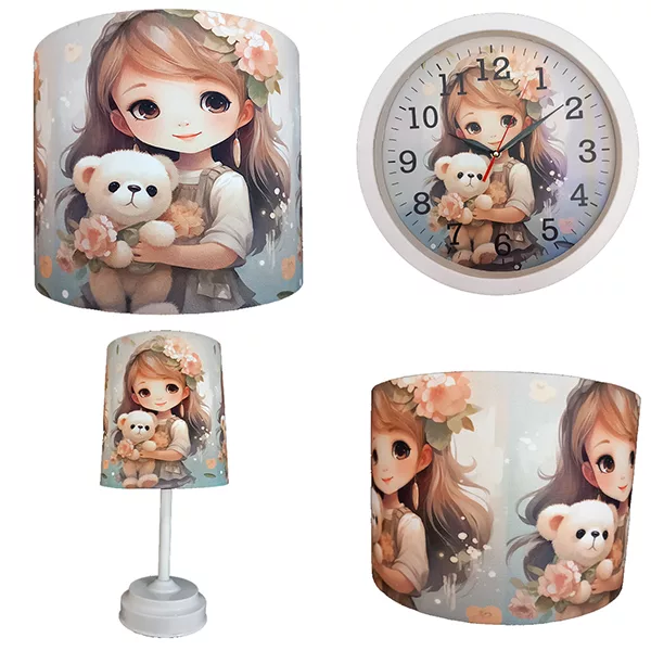 لوستر و آباژور کودک مدل عروسک کد 40229 به همراه چراغ خواب و ساعت