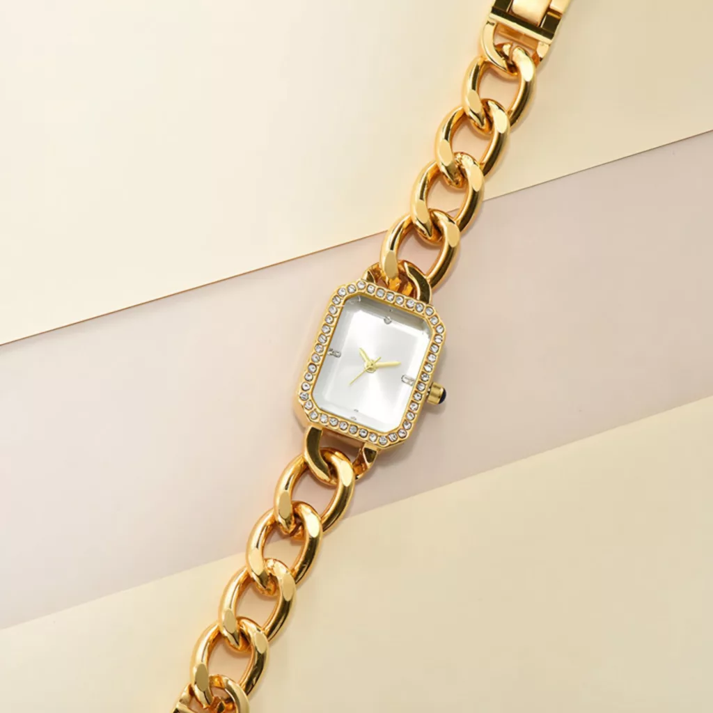 ساعت مچی عقربه ای زنانه مدل دستبندی بند زنجیری دور نگین 7