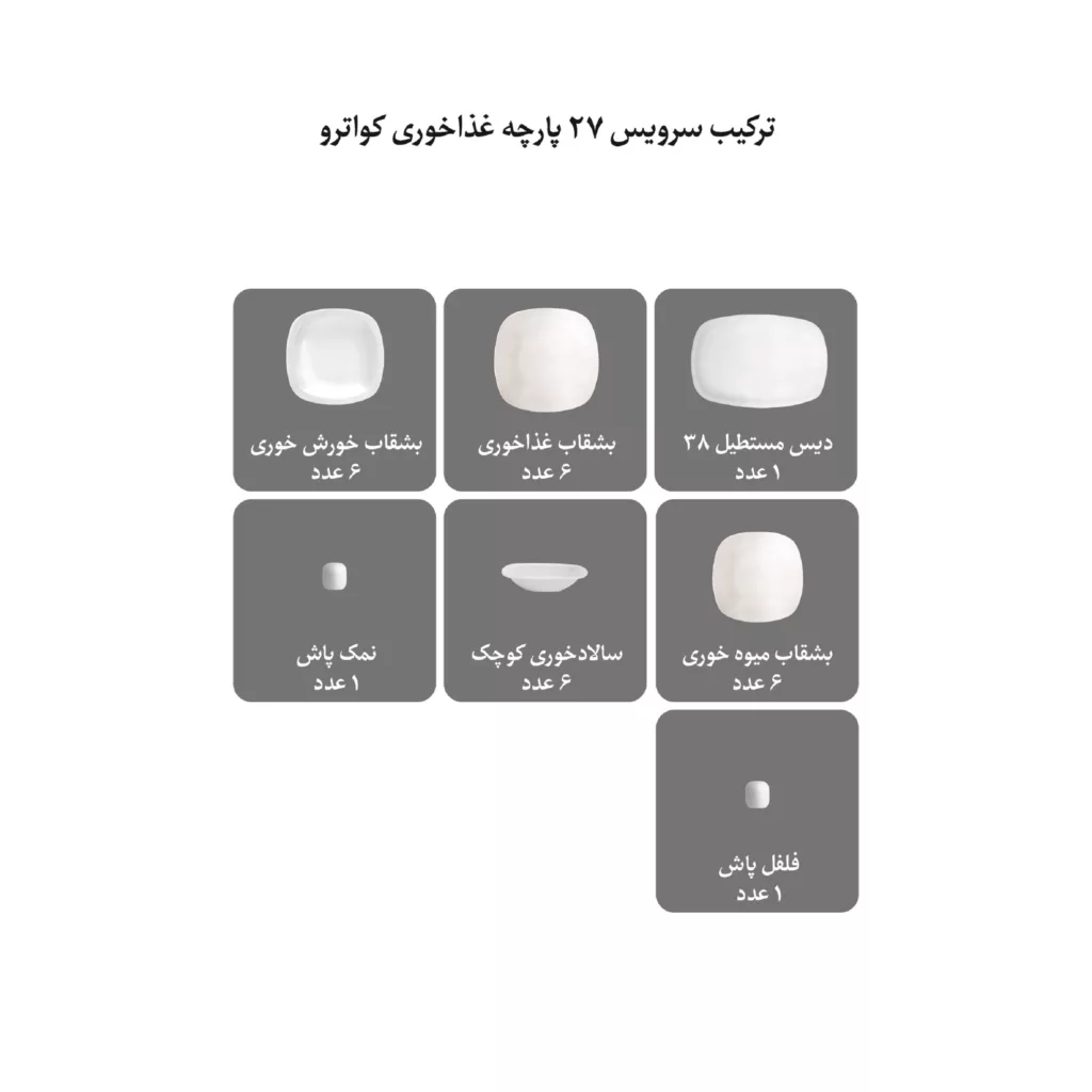 سرویس 27 پارچه چینی زرین ایران مدل کواترو سفید درجه عالی