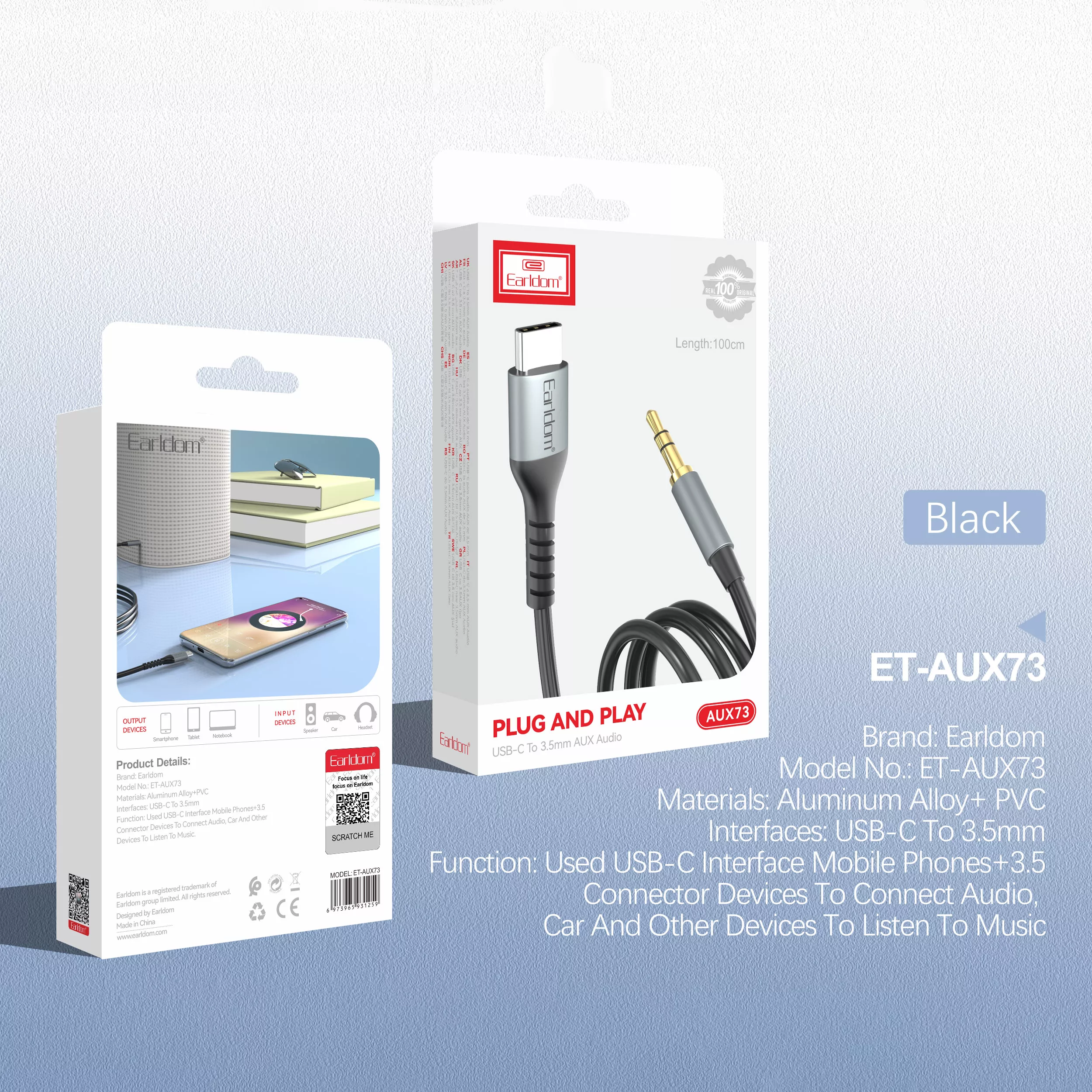 کابل تبدیل AUX به USB-C ارلدام مدل AUX73 طول 1 متر