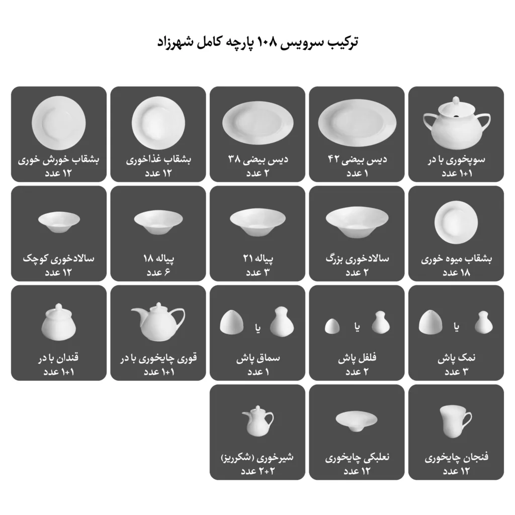 سرویس غذاخوری چینی والندورفر 108 پارچه مدل شهرزاد مریدین طلائی A+