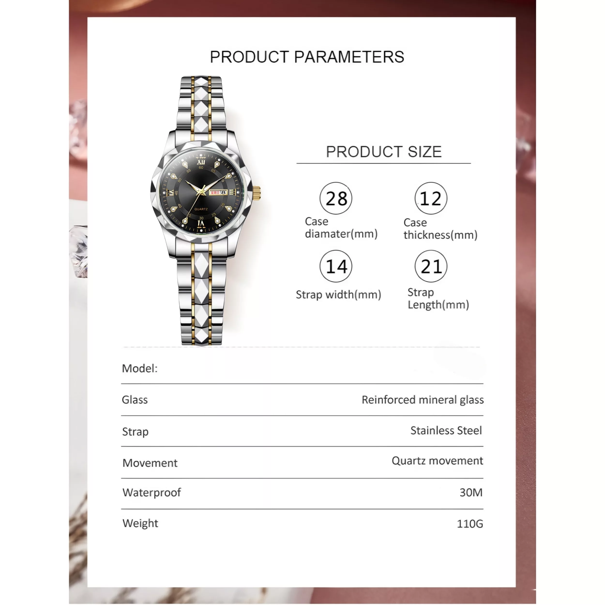 ساعت مچی عقربه‌ای زنانه مدل کوارتز کلاسیک طرح تراش الماسی کد C1.8