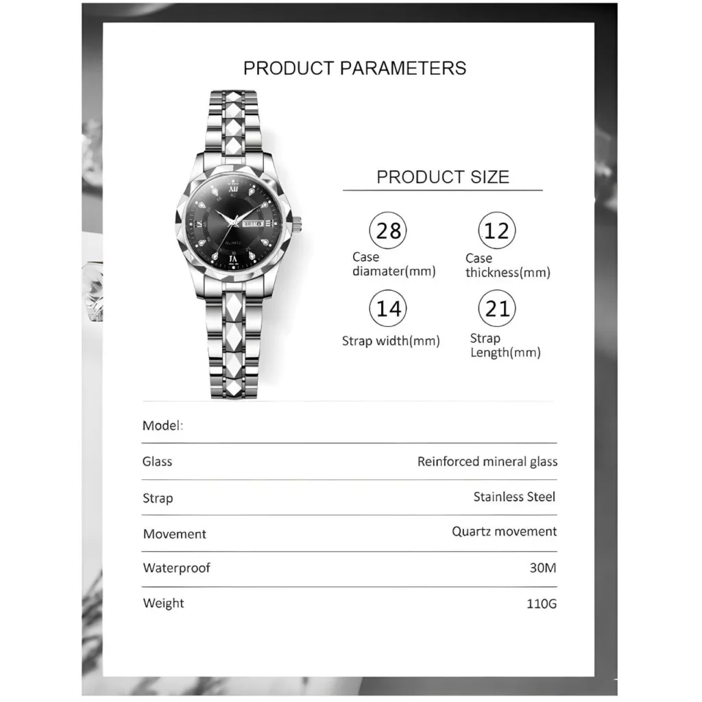 ساعت مچی عقربه‌ای کوارتز زنانه مدل الماسی دو تقویم کد 106