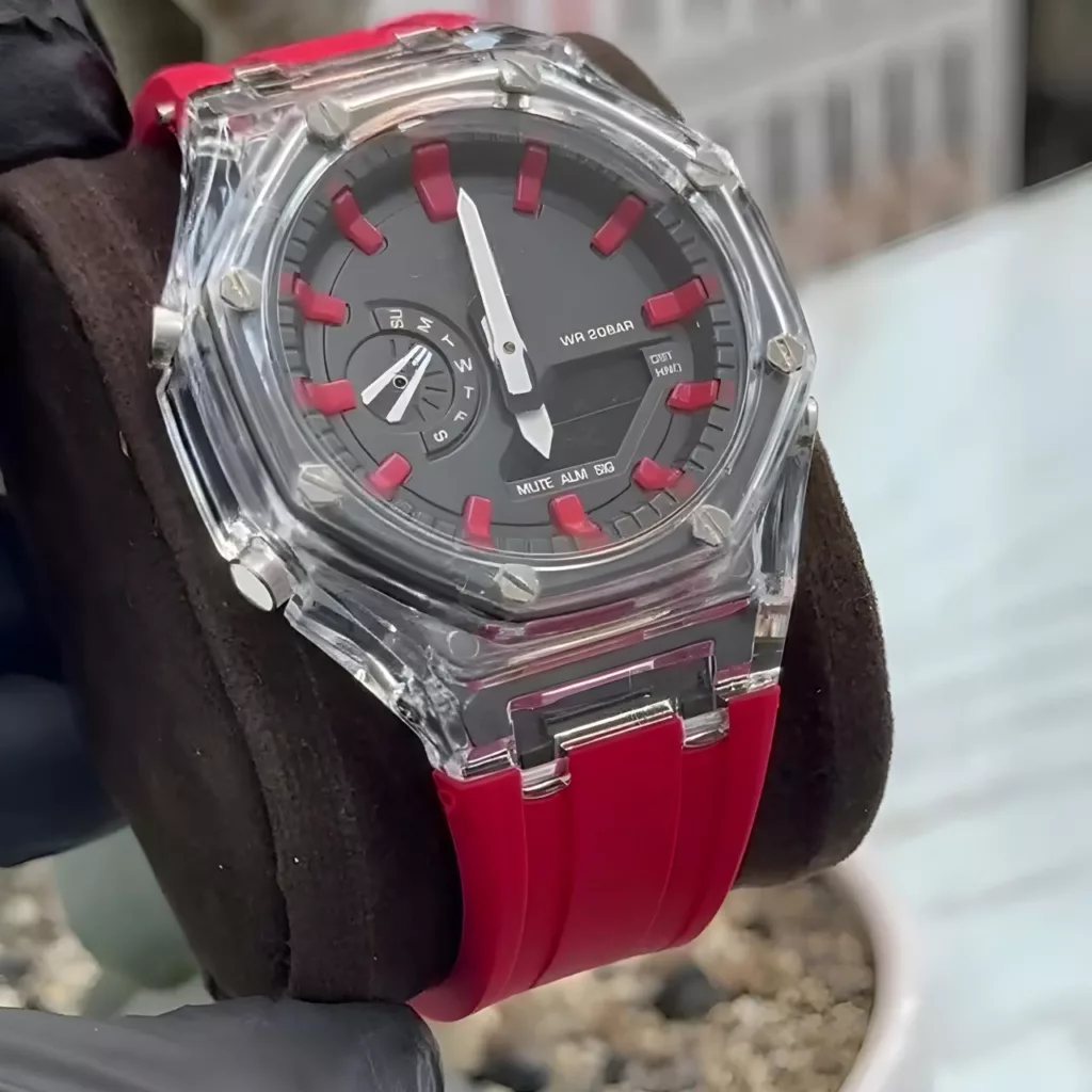 ساعت مچی عقربه ای مدل دو زمانه پمپی قاب شفاف کد r-m