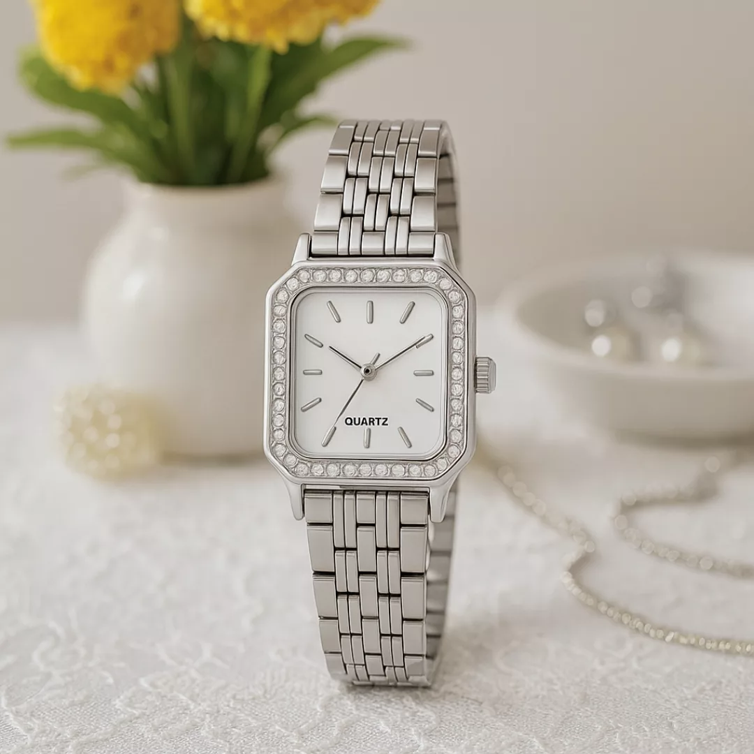 ساعت مچی عقربه‌ای کوارتز زنانه مدل لوکس کلاسیک بند طرح بافت قاب دور نگین کد ۲