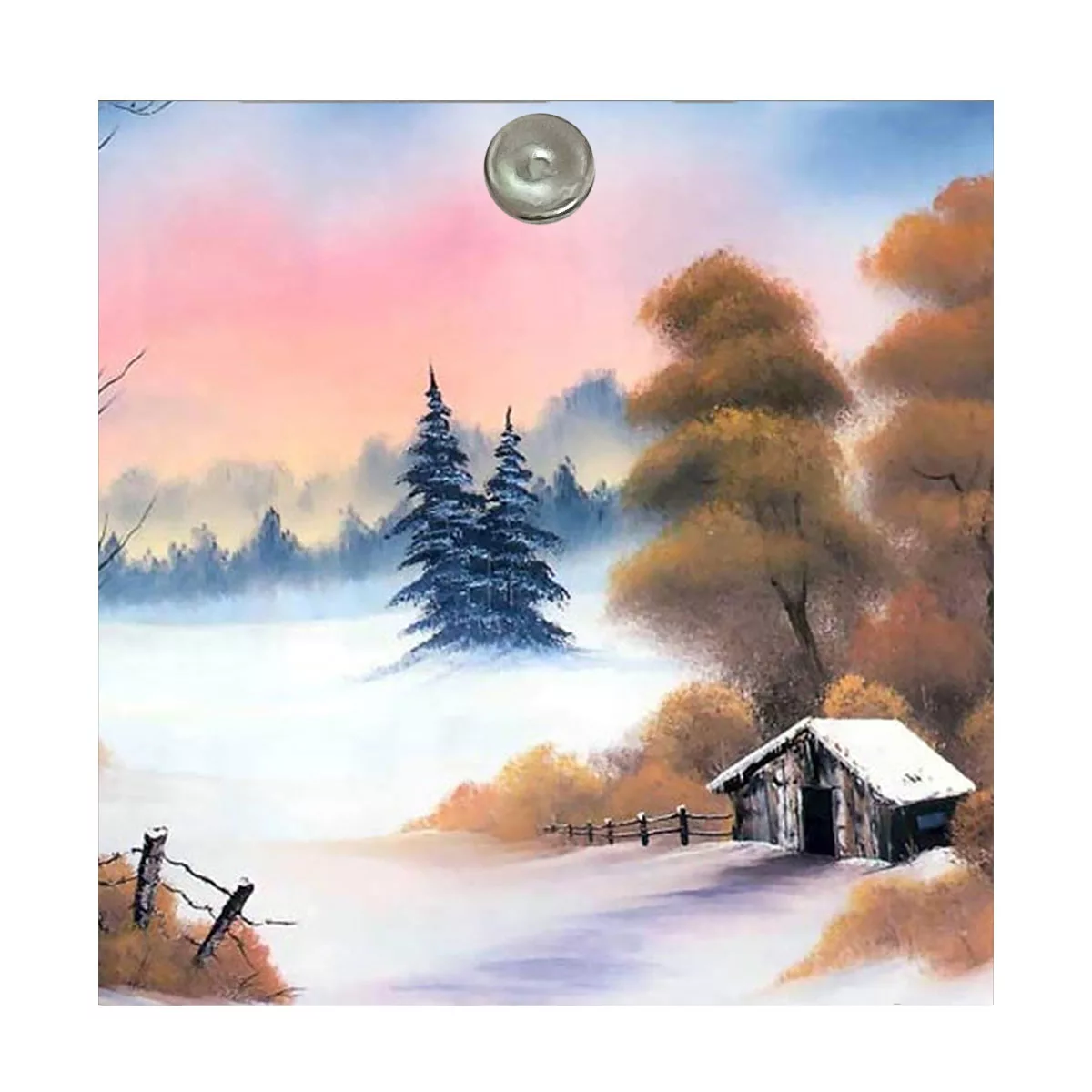 آینه آرایشی جیبی طرح نقاشی منظره برفی جنگل و کلبه و درخت مدل A167