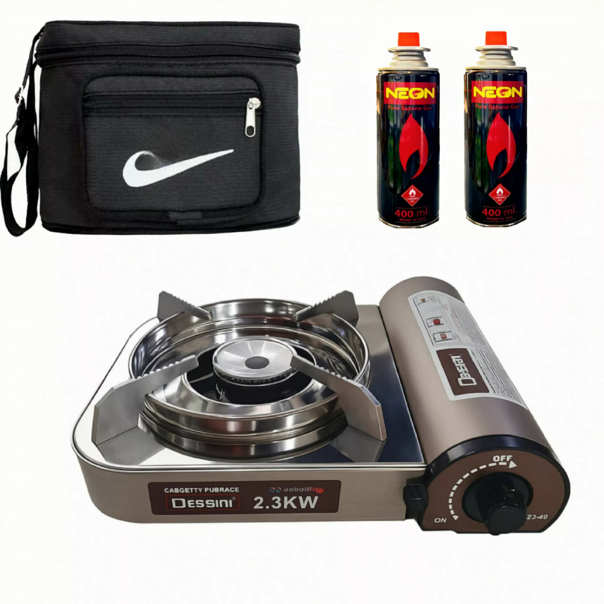 اجاق  گاز سفری دسینی مدل  2.3 kw به همراه کیف حمل کپسول و کپسول مجموعه 4 عددی
