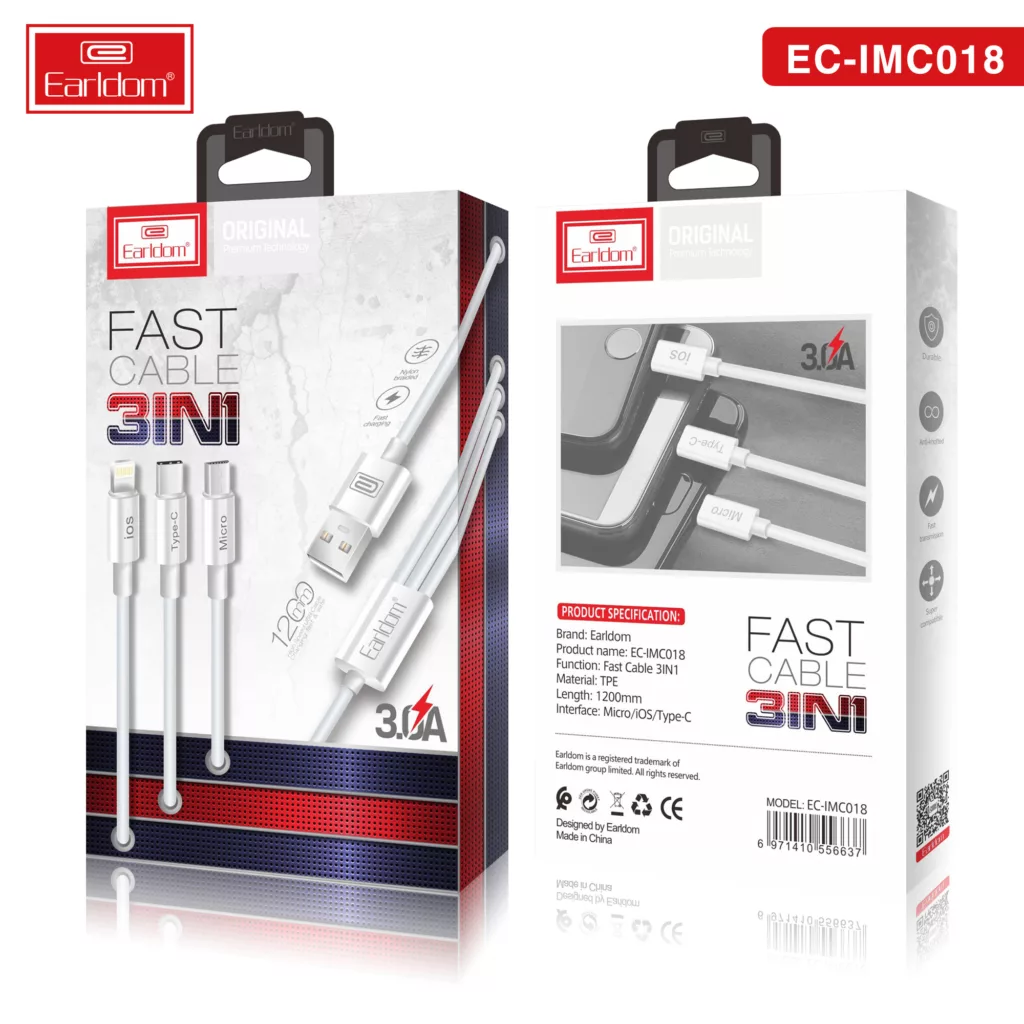 کابل تبدیل USB به USB-C / MicroUSB / لایتنینگ ارلدام مدل EC-IMC018 طول 1.2 متر