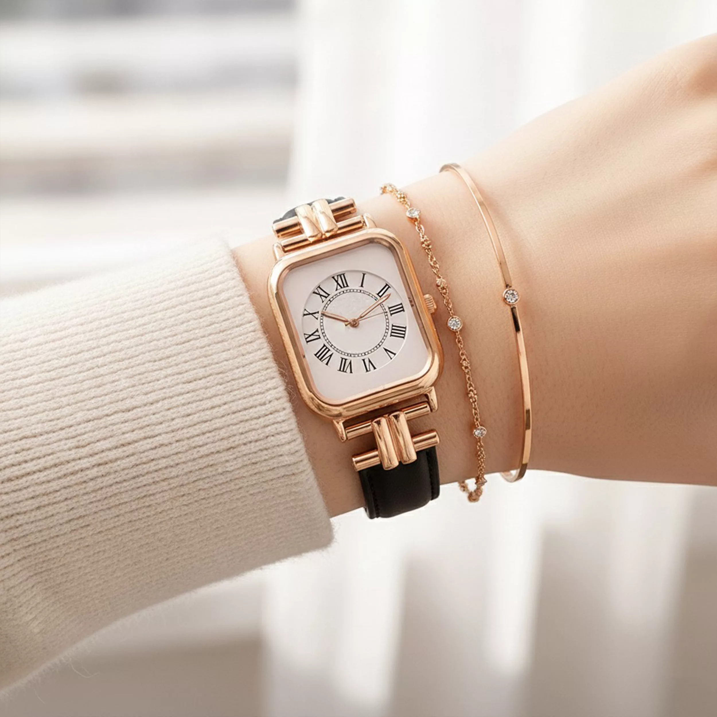 ساعت مچی عقربه‌ای کوارتز زنانه مدل مستطیل چرم طبیعی رومی کلاسیک شبتاب 169