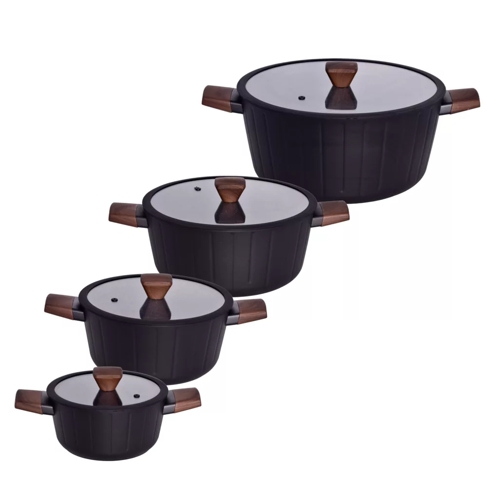 سرویس قابلمه و تابه 17 پارچه گرانیتی گری پن مدل دسته چوبی