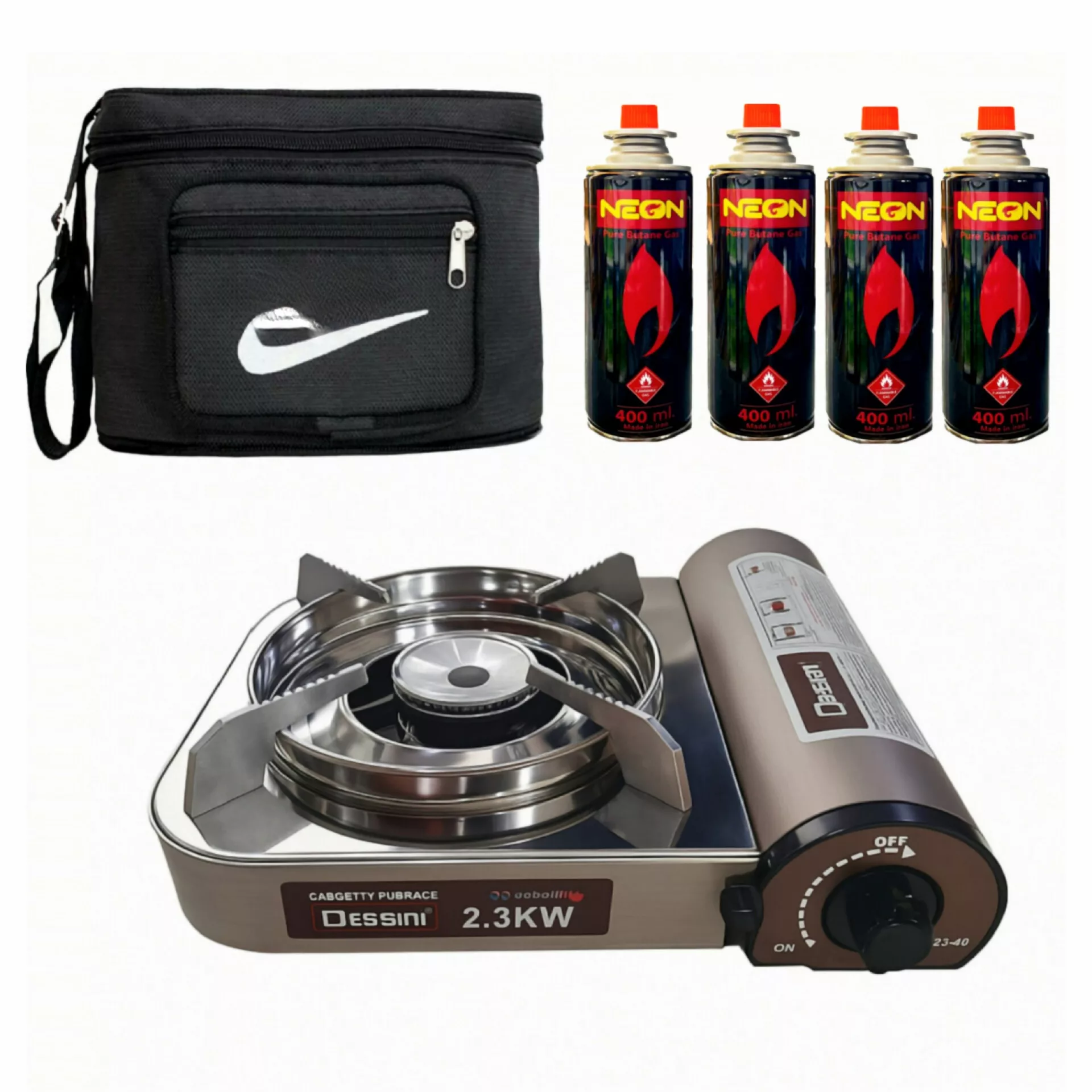 اجاق گاز سفری دسینی مدل ۲.۳kw   به همراه کیف و کپسول مجموعه 6 عددی