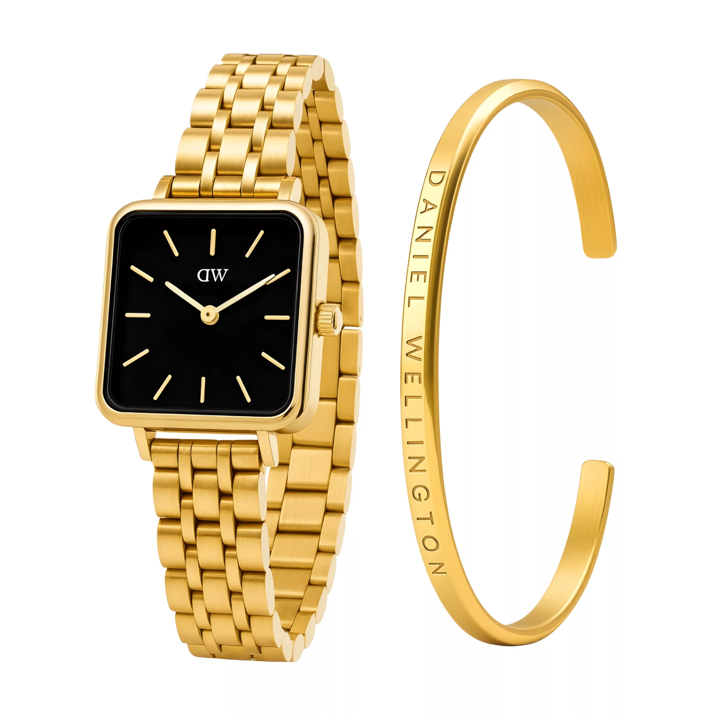 ست ساعت مچی عقربه‌ای کوارتز و دستبند زنانه دنیل ولینگتون مدل صفحه مربعی گلد کد DW-Q-4815