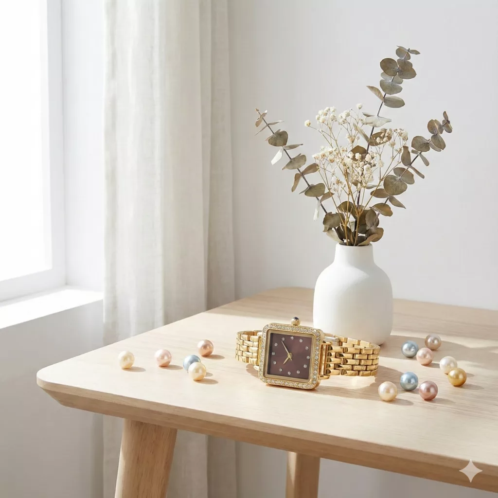 ساعت مچی عقربه‌ای کوارتز زنانه مدل لوکس بند استیل طرح بافت قاب دور نگین قفل مخفی کد E3