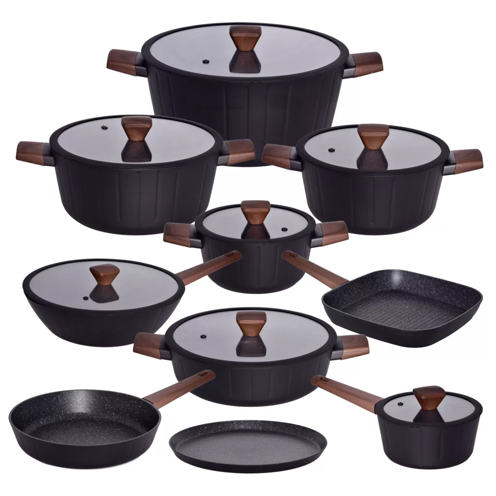 سرویس قابلمه و تابه 17 پارچه گرانیتی گری پن مدل دسته چوبی