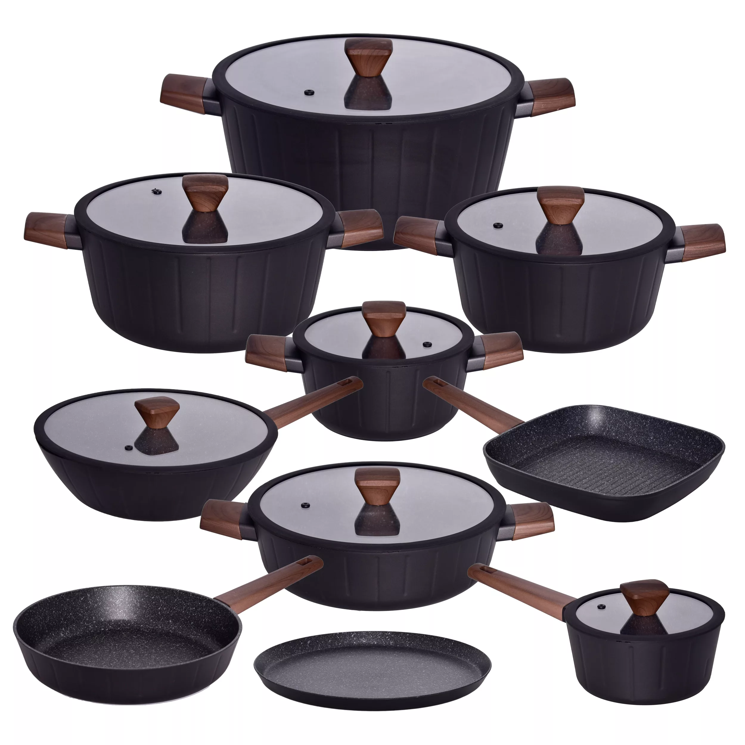 سرویس قابلمه و تابه 17 پارچه گرانیتی گری پن مدل دسته چوبی