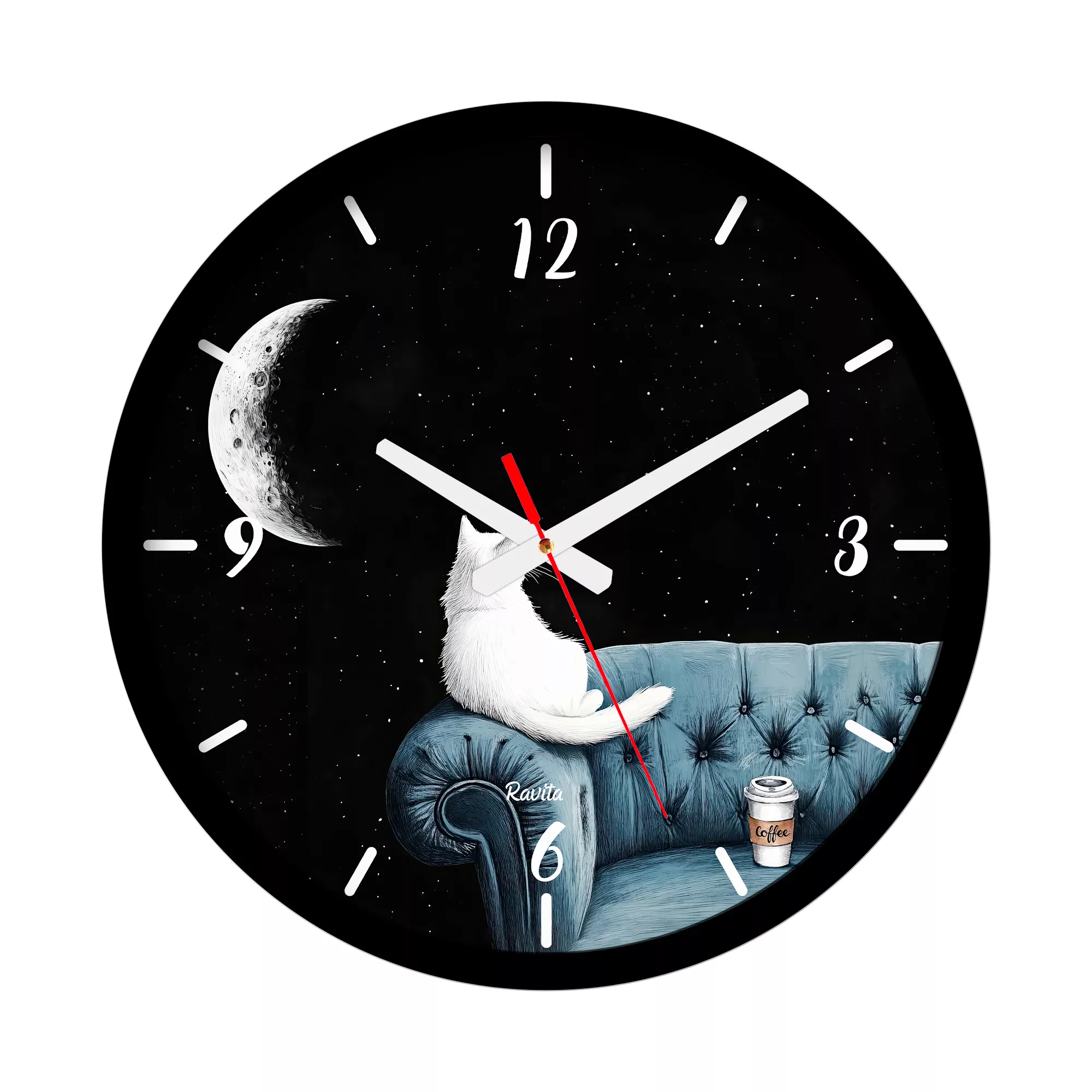 ساعت دیواری کوارتز راویتا مدل ماه و گربه کد 3631