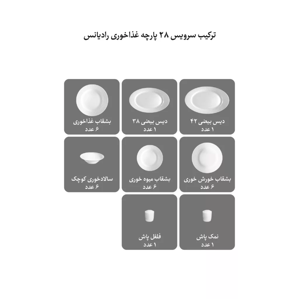 سرویس غذاخوری 28 پارچه 6 نفر چینی زرین ایران مدل رادیانس ویلیج درجه 3