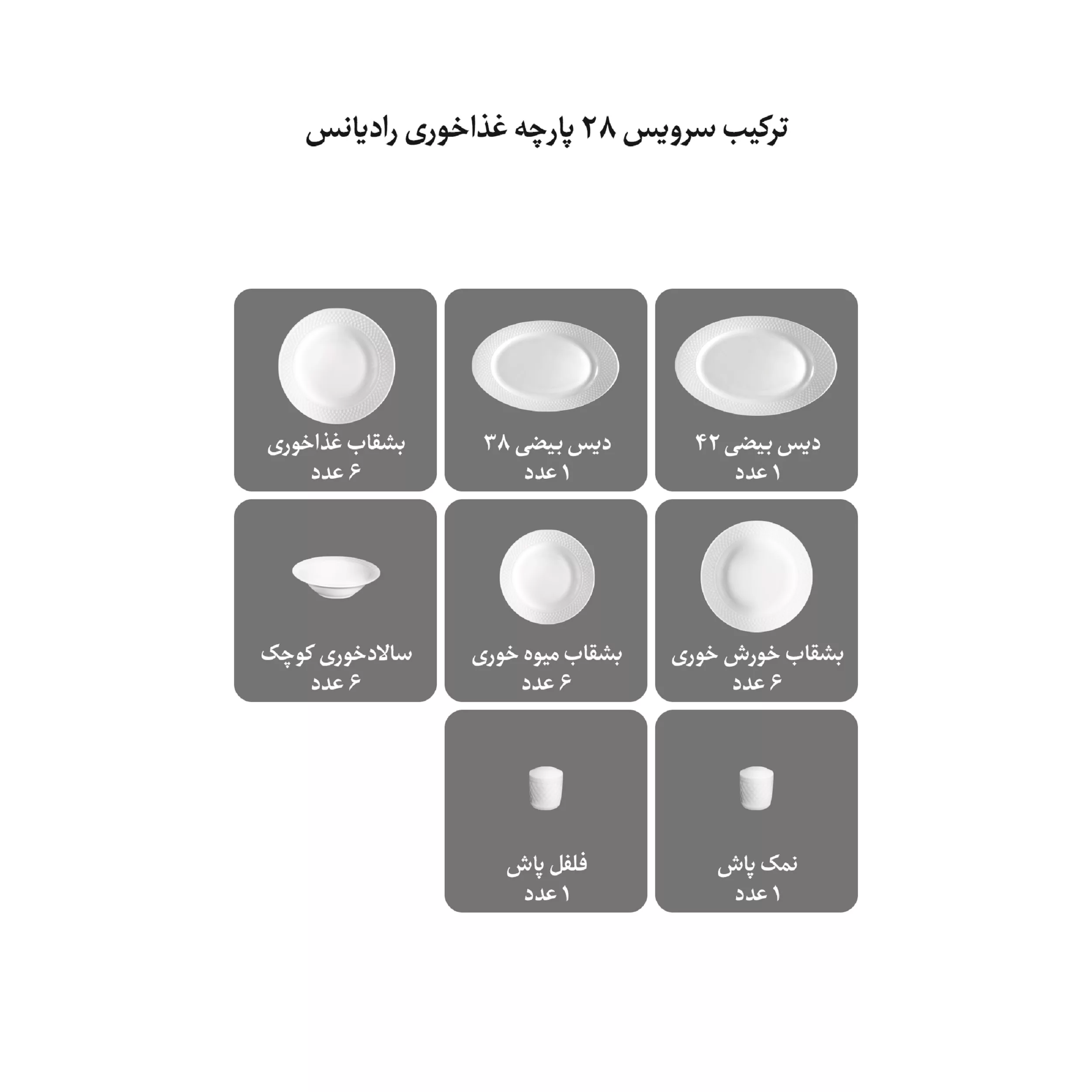 سرویس غذاخوری 28 پارچه 6 نفره چینی زرین ایران مدل رادیانس زرین درجه 3