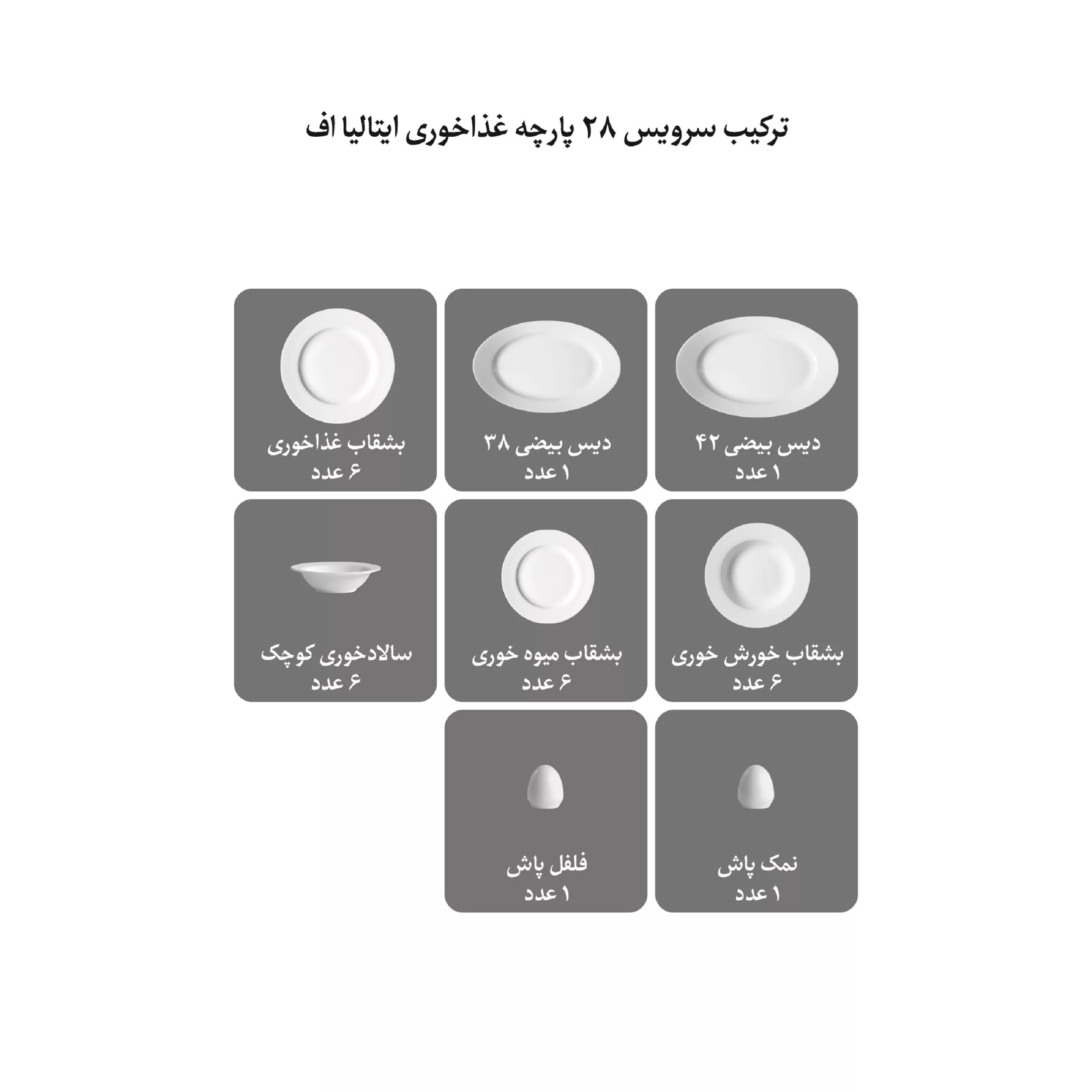 سرویس غذاخوری 28 پارچه 6 نفر چینی زرین ایران مدل ایتالیا اف سابرینا درجه عالی