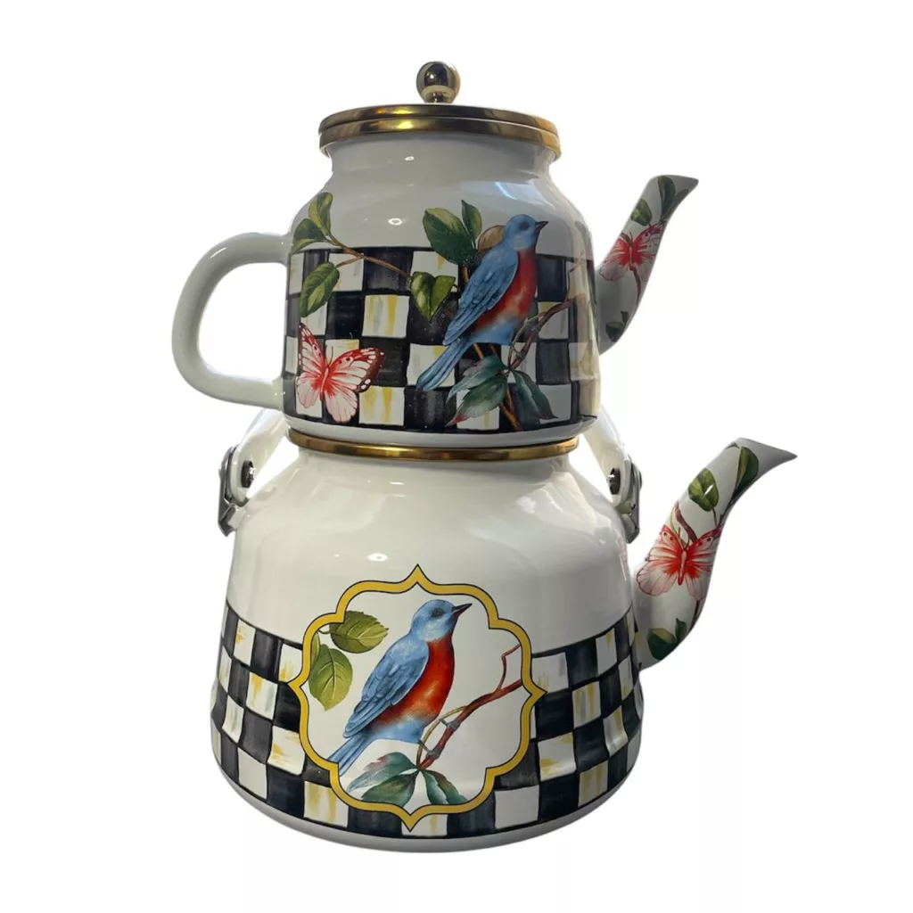 ست کتری و قوری مدل لعابی پرنده گنجایش گتری 2.5 لیتر گنجایش  قوری 1لیتر