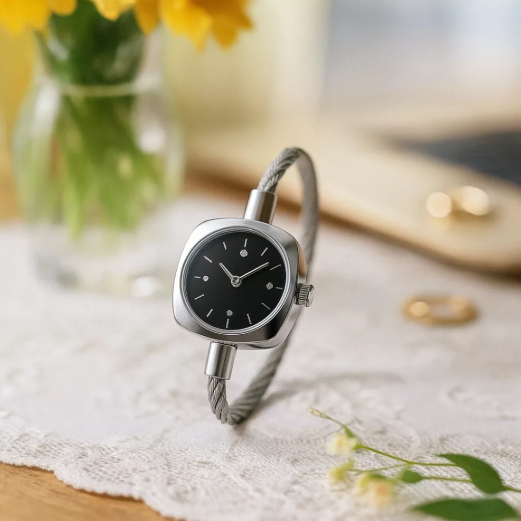 ساعت مچی عقربه‌ای کوارتز زنانه مدل لوکس مینیمال بند النگویی صفحه نگین دار کد ۳