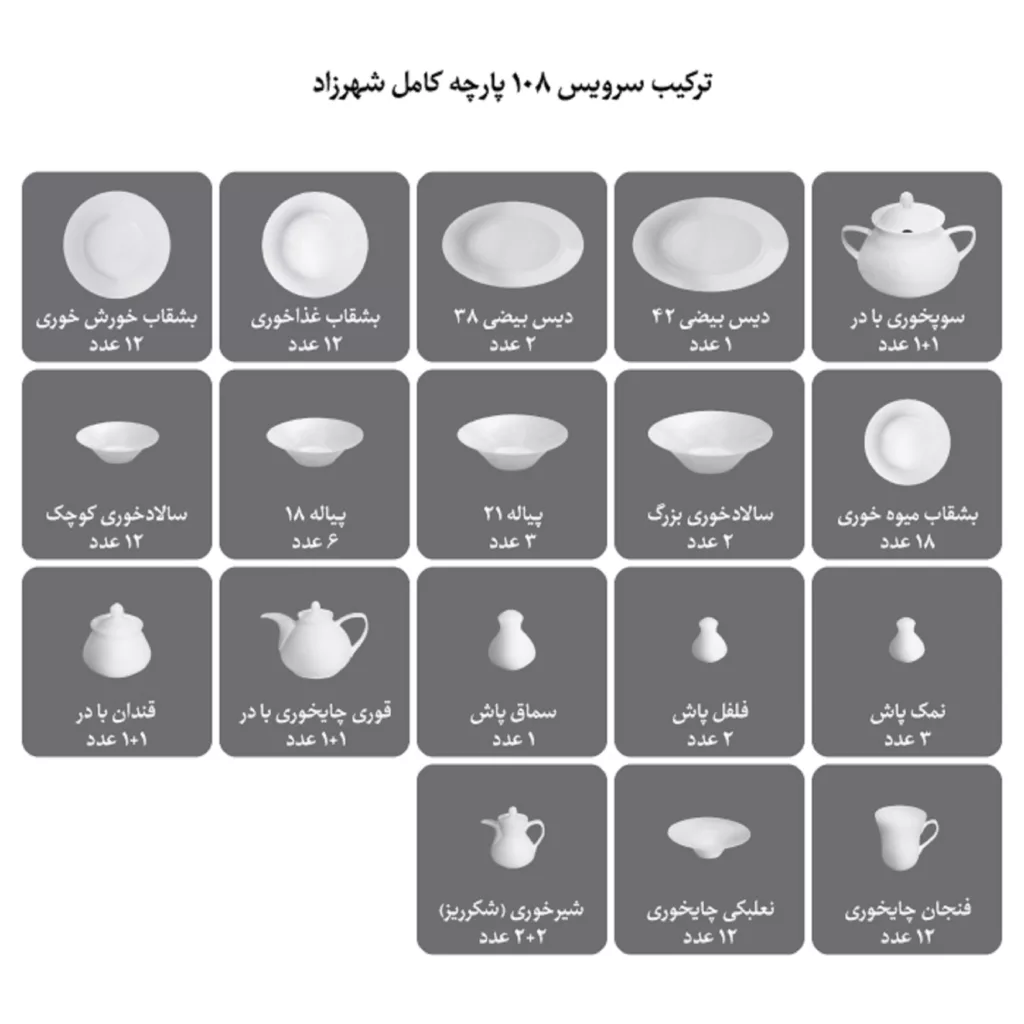 سرویس غذاخوری 108 پارچه چینی زرین ایران سری شهرزاد مدل رومینا درجه یک