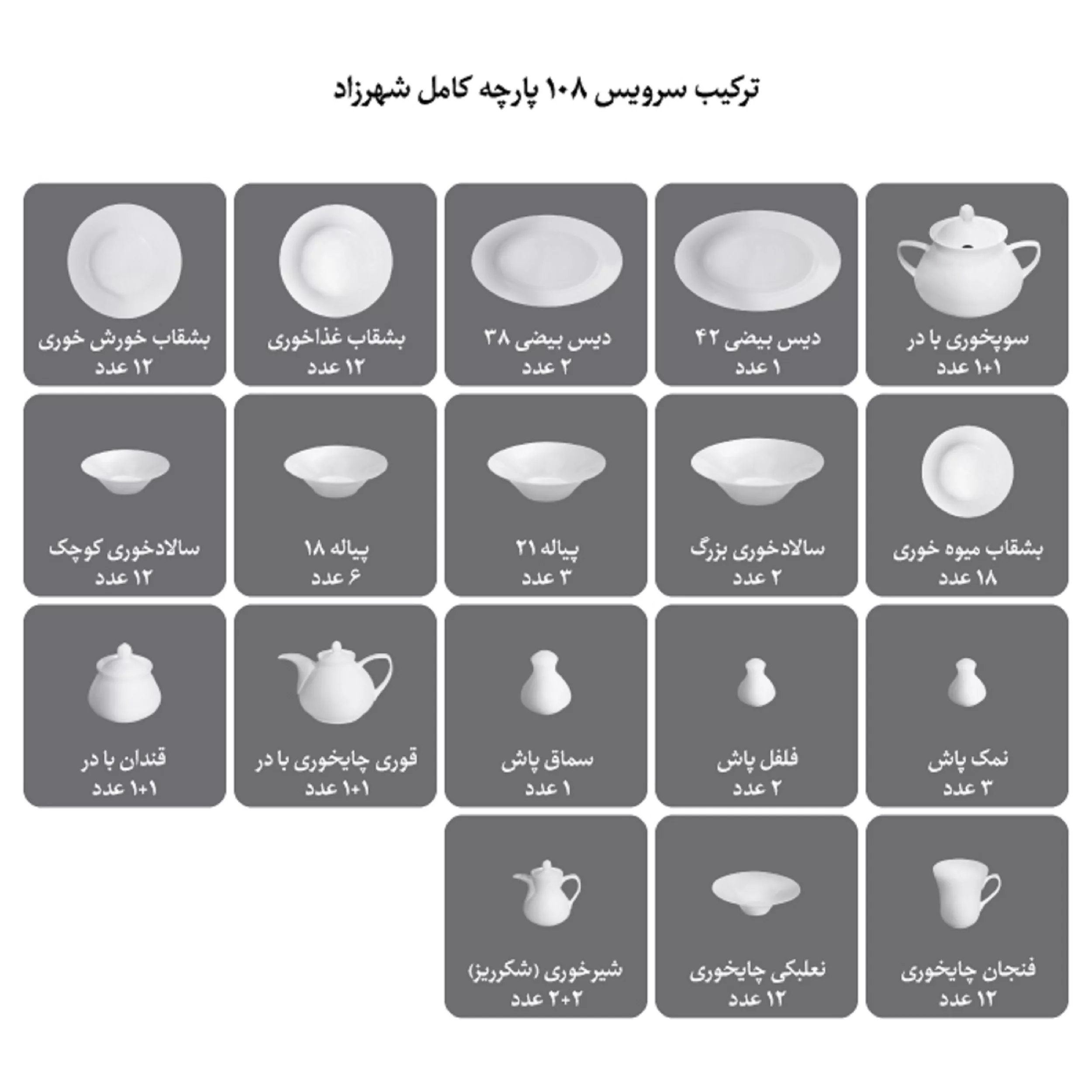 سرویس غذاخوری 108 پارچه چینی زرین ایران سری شهرزاد مدل رومینا درجه یک