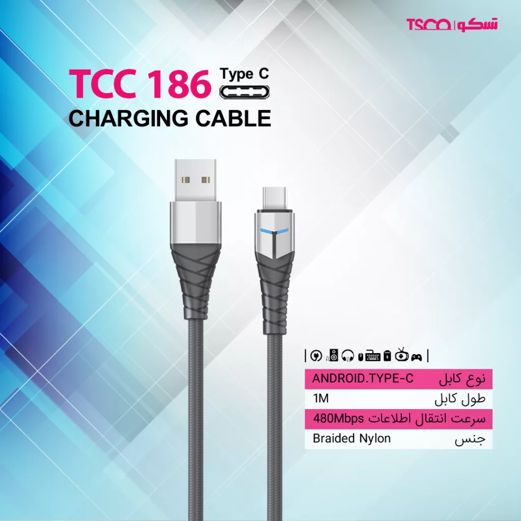 کابل تبدیل USB به USB-C تسکو مدل CC186 طول 1 متر‎