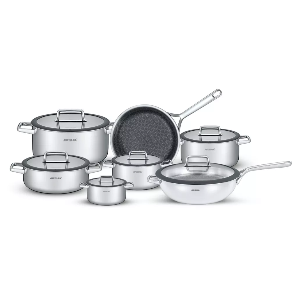 سرویس قابلمه و تابه استیل ۱۳ پارچه عرشیا مدل لیزری