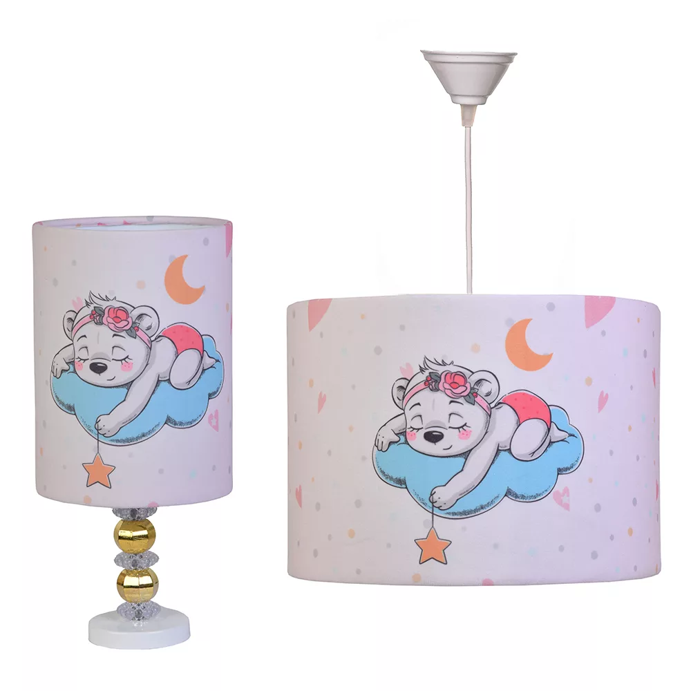 ست لوستر و آباژور اتاق کودک مدل خرس و ماه و ستاره