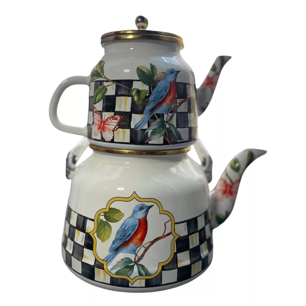 ست کتری و قوری مدل لعابی پرنده گنجایش گتری 2.5 لیتر گنجایش  قوری 1لیتر