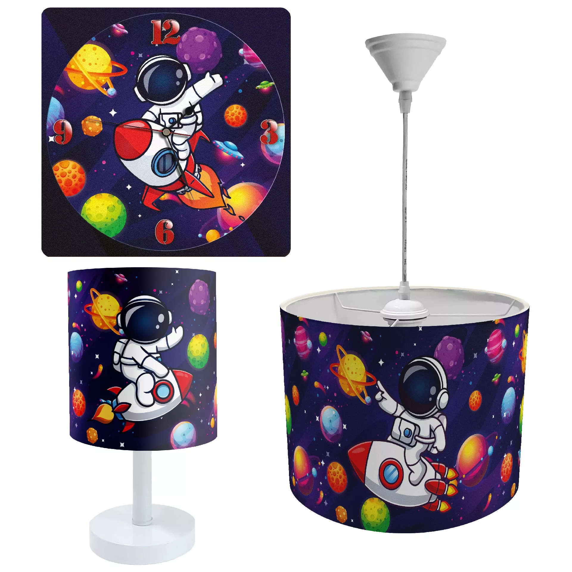 لوستر و آباژور کودک طرح فضانورد مدل LBR-SET-025 به همراه ساعت