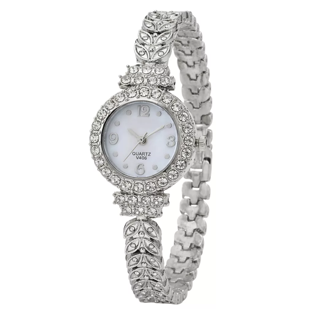 ساعت مچی عقربه‌ای کوارتز زنانه مدل لوکس بند تراش قاب دور نگین کد 1