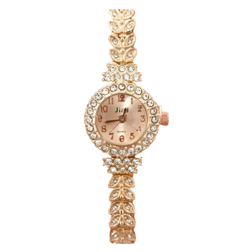ساعت مچی عقربه ای زنانه جیالی مدل بند نگین دار گندمی
