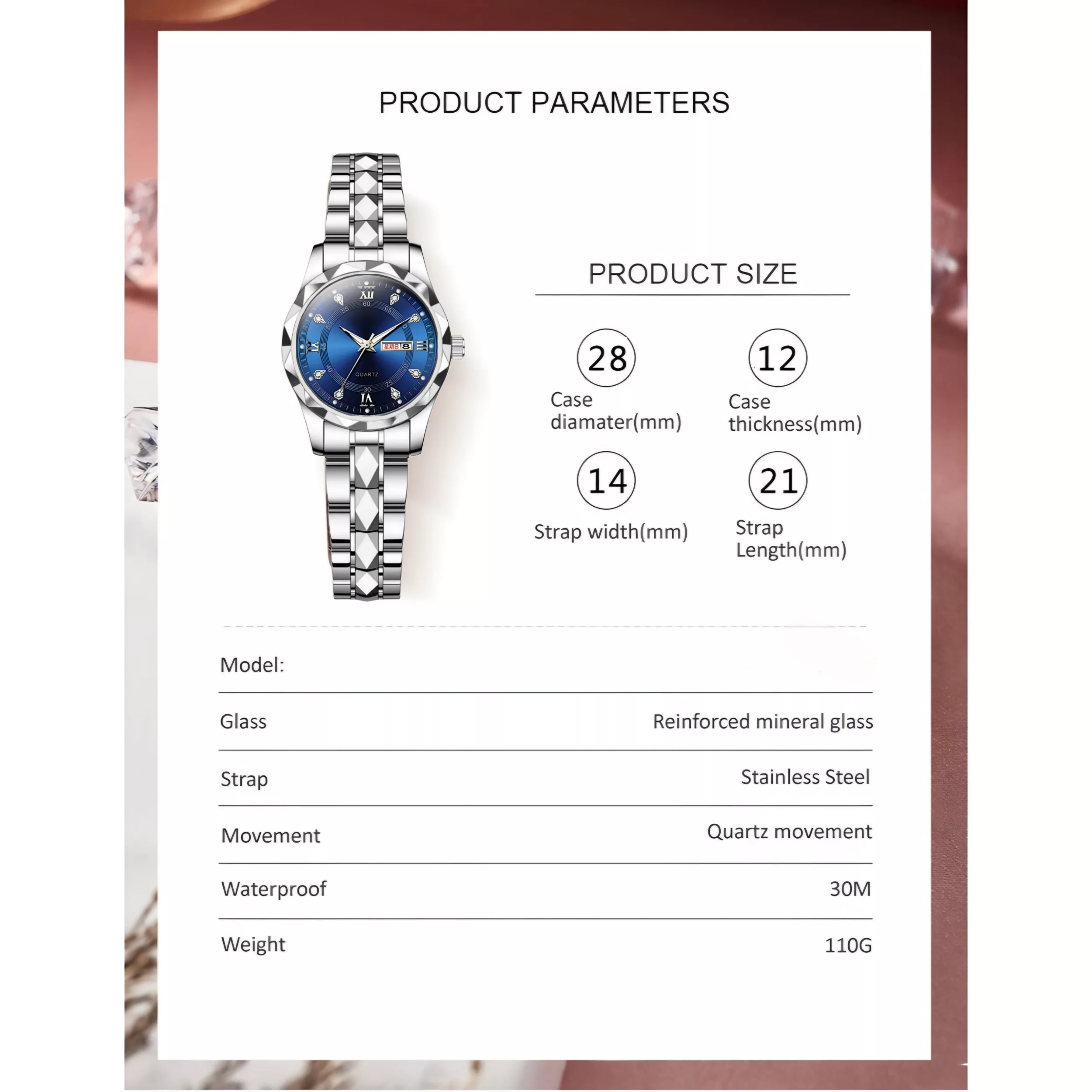 ساعت مچی عقربه‌ای کوارتز زنانه مدل کلاسیک دی دیت بند استیل طرح تراش الماسی کد C1.3