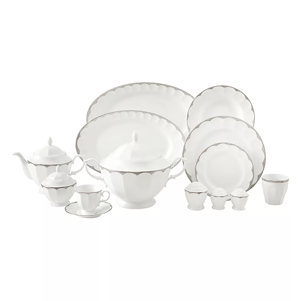 سرویس غذاخوری 103 پارچه چینی زرین ایران سری نئوکلاسیک مدل ایساتیس پلاتینی درجه عالی