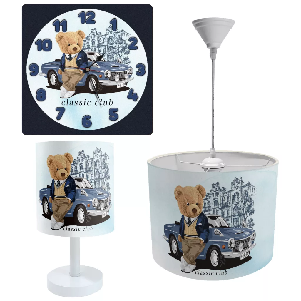 ست لوستر و آباژور کودک طرح خرس تدی و ماشین مدل ET-035 به همراه ساعت