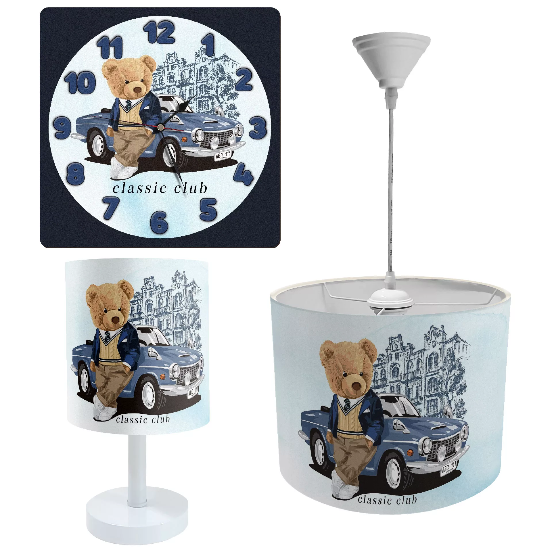 ست لوستر و آباژور کودک طرح خرس تدی و ماشین مدل ET-035 به همراه ساعت