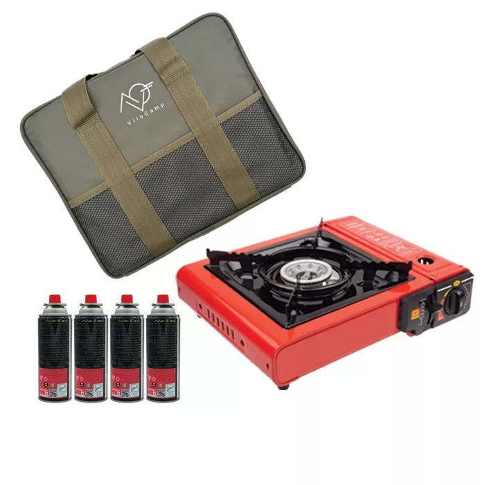 اجاق گاز سفری مدل Vilo-H-R به همراه کیف و کپسول مجموعه 6 عددی