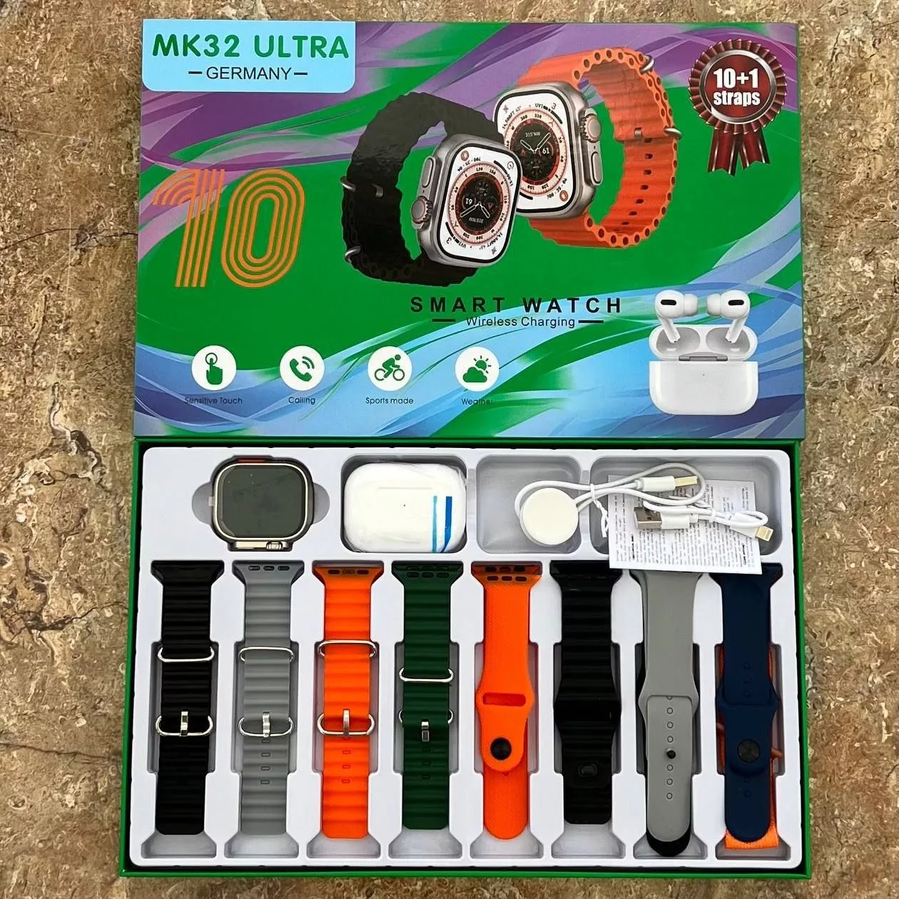 ساعت هوشمند 49 میلیمتری مدل MK32 ULTRA با 10 بند متنوع به همراه هدفون