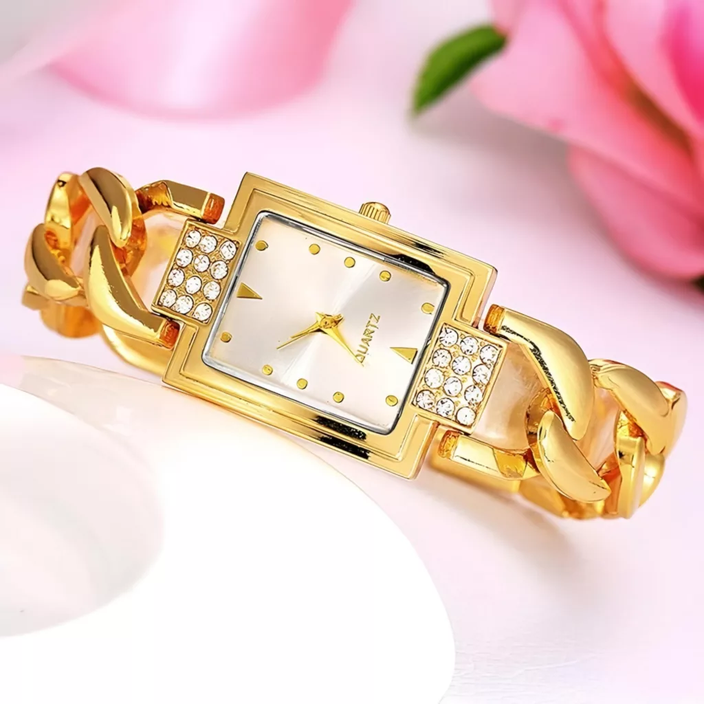 ساعت مچی عقربه ای زنانه مدل قاب نگین دار بند دستبندی فلزی کد 1