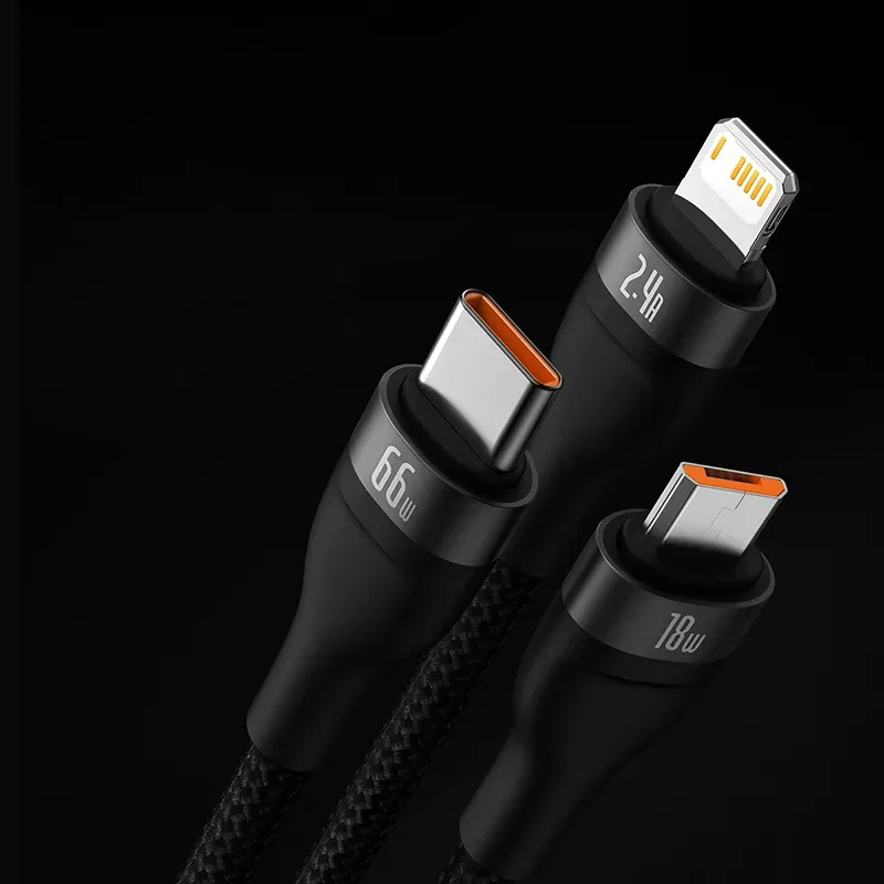 کابل تبدیل USB به MicroUSB/USB-C/لایتنینگ بیسوس مدل CB0029 66W طول 1.2 متر