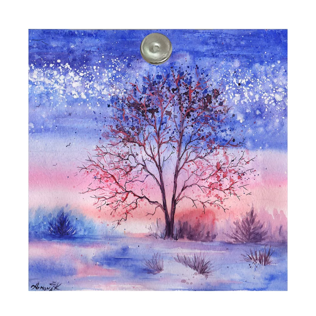 آینه آرایشی جیبی طرح نقاشی منظره زمستان و برف و درخت مدل A178