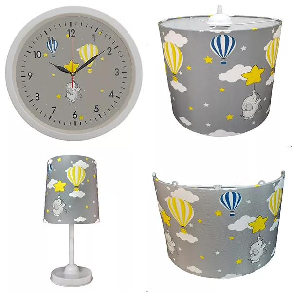 لوستر و آباژور کودک مدل فیل و بالن کد 40221 به همراه چراغ خواب و ساعت مجموعه 4 عددی
